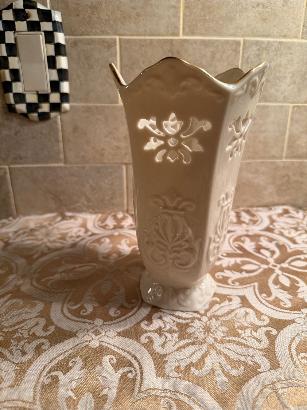 Lenox Elegant Cream Ceramic Decorative Vase with Gold Trim
